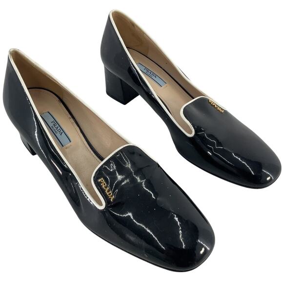 PRADA Black Patent Leather Block Heel Loafer Pumps Women's Size 8 Preowned - Picture 1 of 8